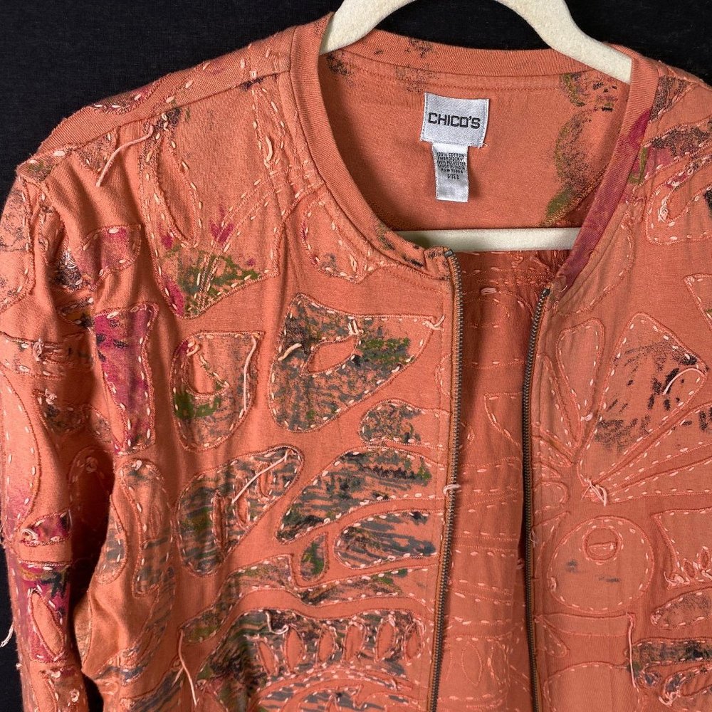 Chico's Peach Patchwork Stitched Zip Up Cardigan - image 6